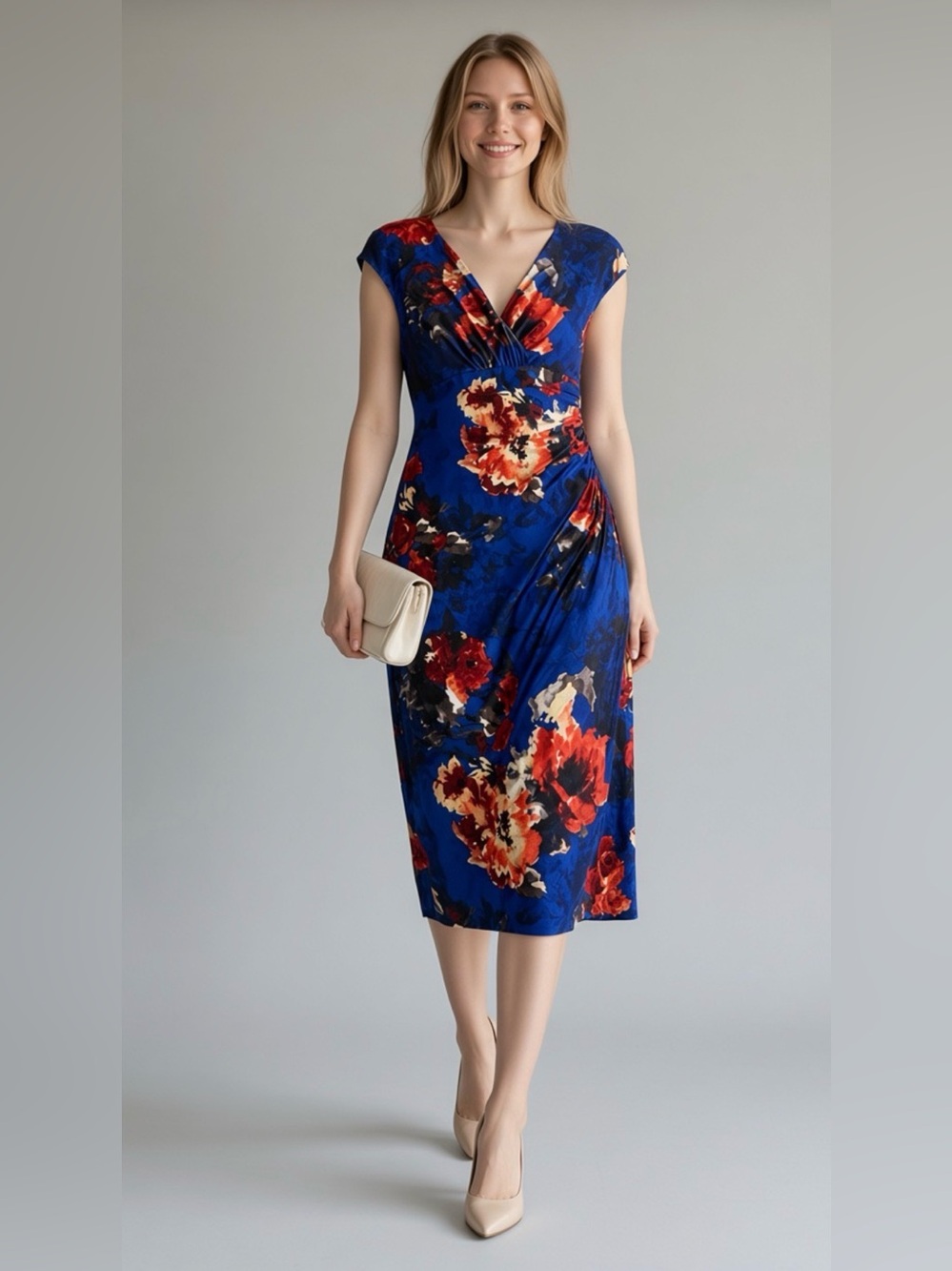 Lauren Ralph Lauren V-Neck Floral Ruched Faux Wrap Dress Cap Sleeves Size 10